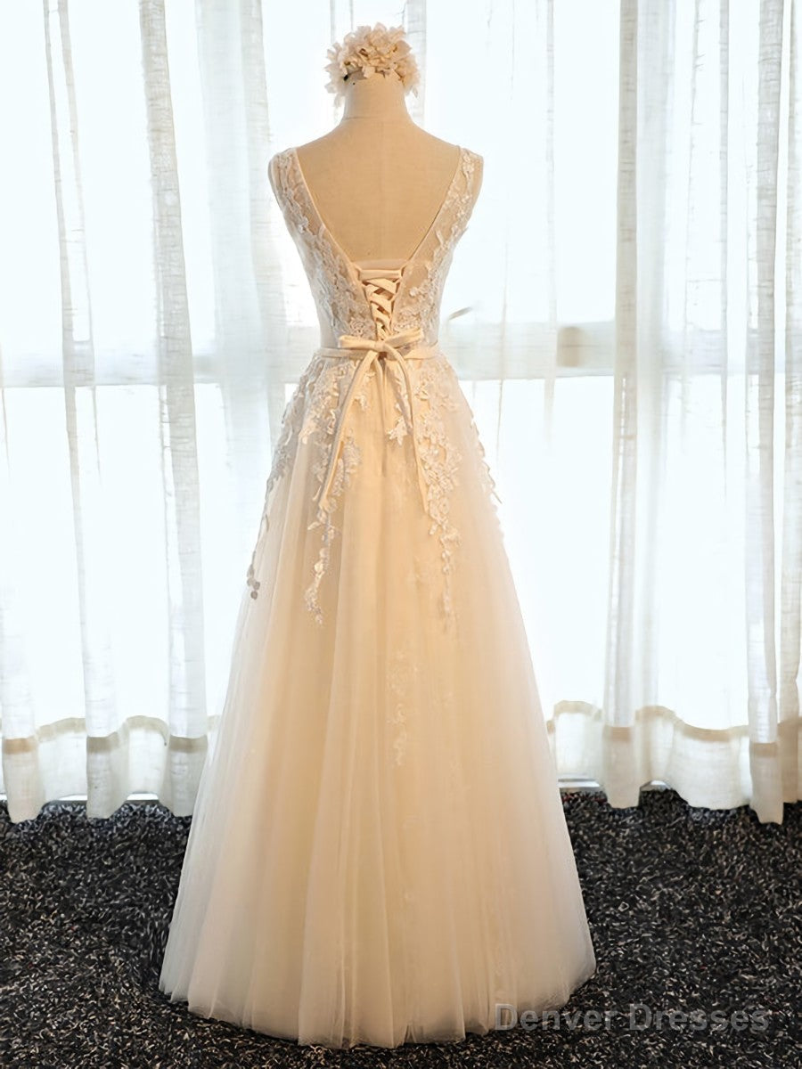 Round Neck Champagne Lace Prom Dresses, Champagne Lace Formal Evening Bridesmaid Dresses Secondary image