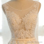 Round Neck Champagne Lace Prom Dresses, Champagne Lace Formal Evening Bridesmaid Dresses