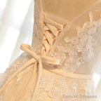 Round Neck Champagne Lace Prom Dresses, Champagne Lace Formal Evening Bridesmaid Dresses