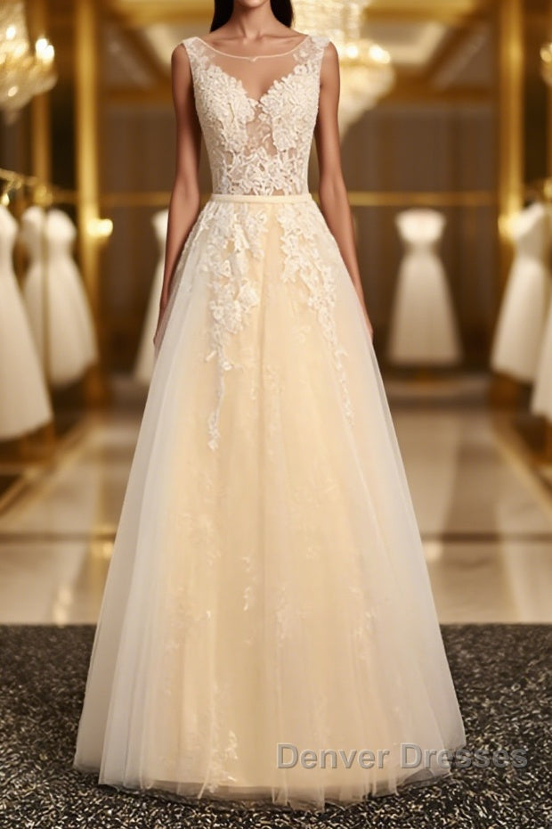 Round Neck Champagne Lace Prom Dress with Corset Back, Champagne Lace Formal Evening Bridesmaid Dress Main image