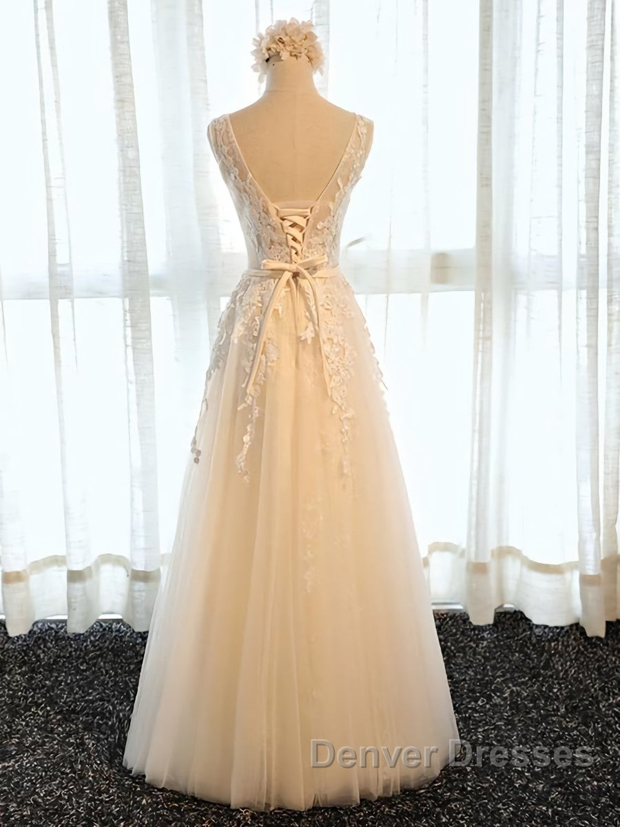 Round Neck Champagne Lace Prom Dress with Corset Back, Champagne Lace Formal Evening Bridesmaid Dress Secondary image