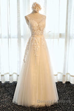 Round Neck Champagne Lace Prom Dress with Corset Back, Champagne Lace Formal Evening Bridesmaid Dress