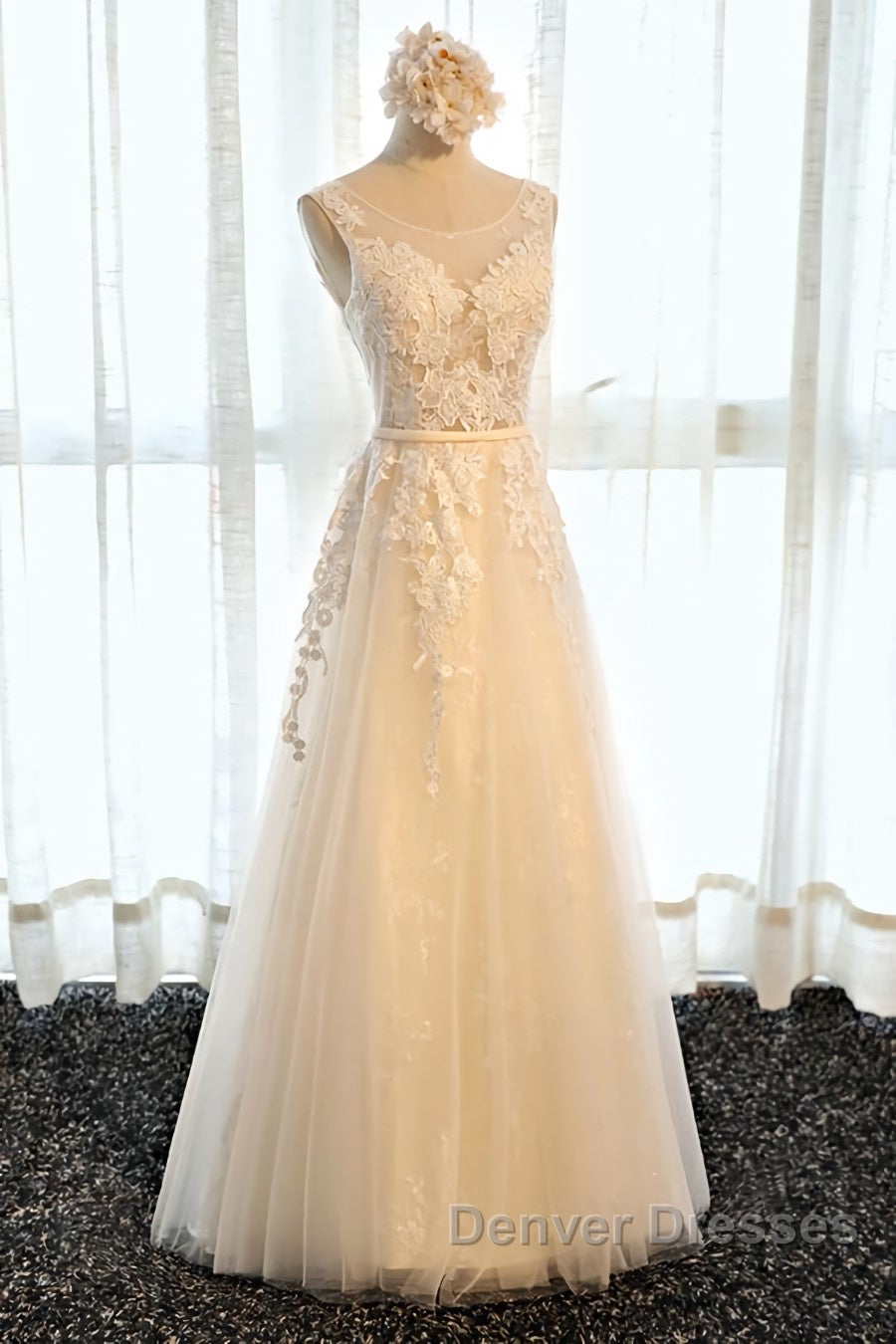 Round Neck Champagne Lace Prom Dress with Corset Back, Champagne Lace Formal Evening Bridesmaid Dress
