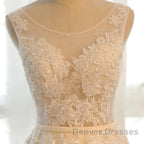 Round Neck Champagne Lace Prom Dress with Corset Back, Champagne Lace Formal Evening Bridesmaid Dress