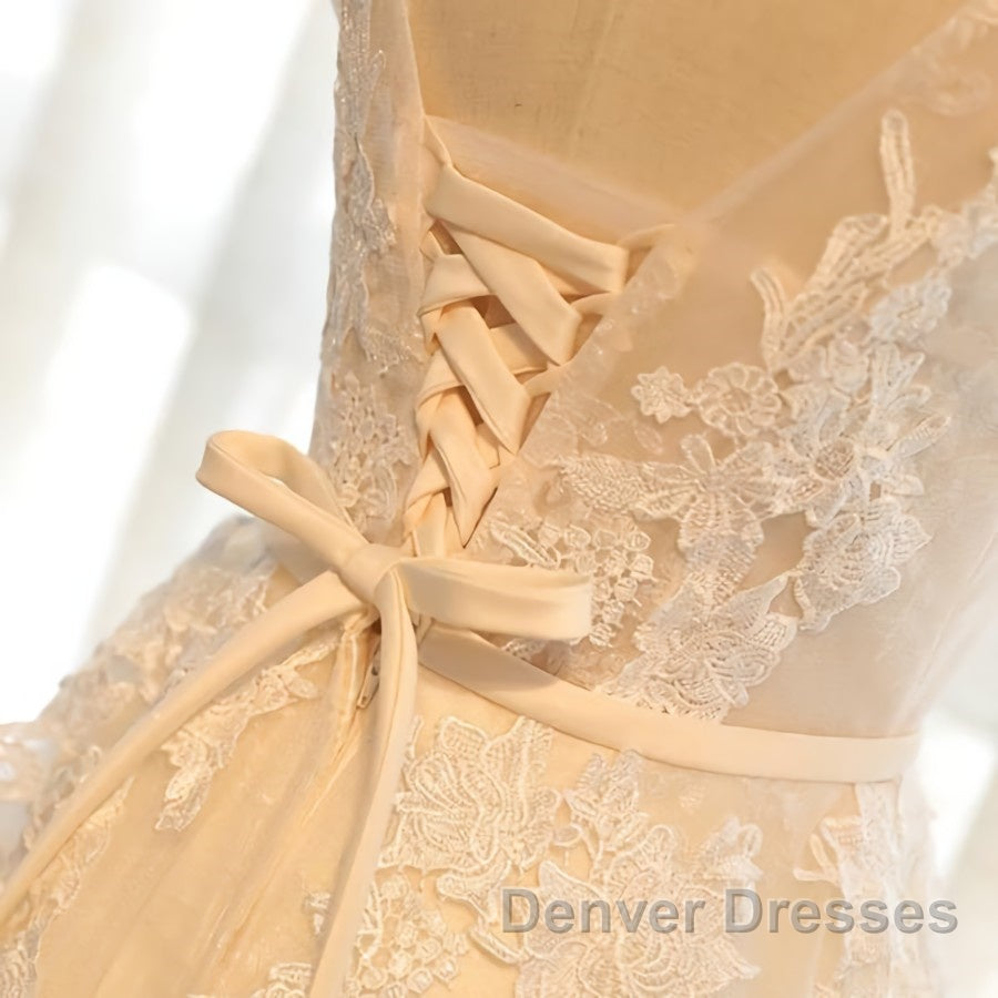 Round Neck Champagne Lace Prom Dress with Corset Back, Champagne Lace Formal Evening Bridesmaid Dress