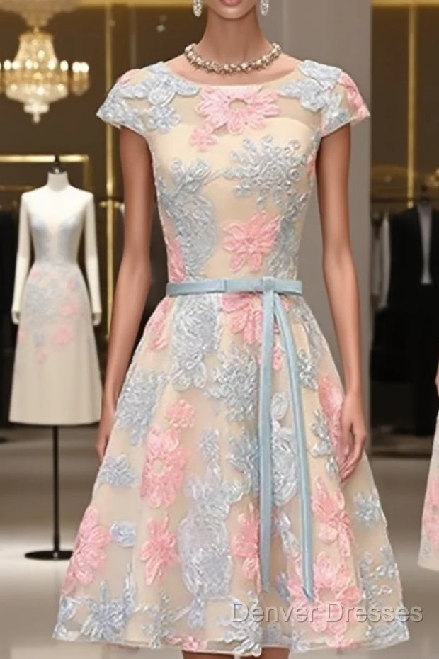 Round Neck Colorful Short Cap Sleeves Lace Prom Dress, Short Colorful Lace Graduation Homecoming Dress Main image