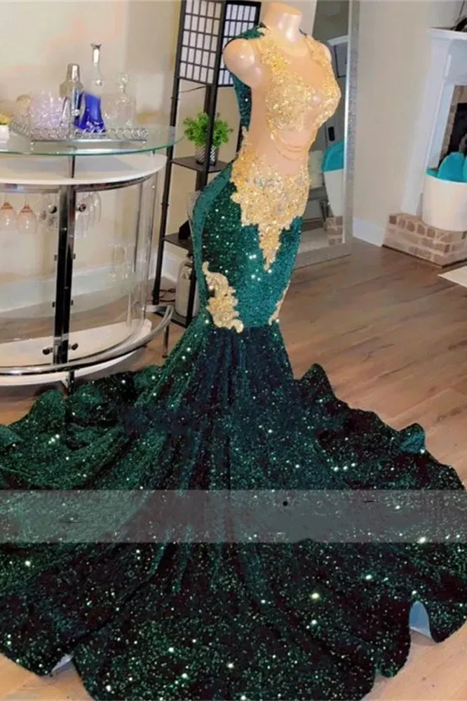 Round Neck Dark Green Mermaid Court Train Sleeveless Prom Dresses Secondary image