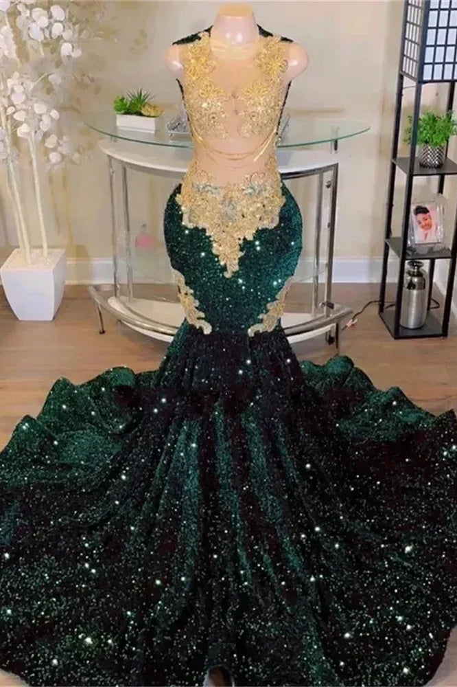 Round Neck Dark Green Mermaid Court Train Sleeveless Prom Dresses Main image