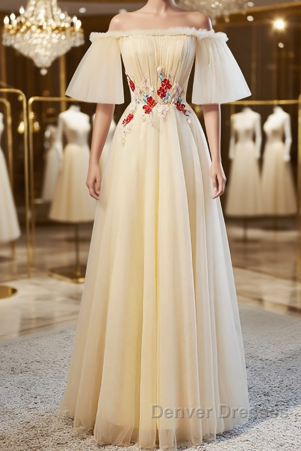 Round Neck Floral Champagne Long Prom Dress with Corset Back, Champagne Long Formal Bridesmaid Dress Main image