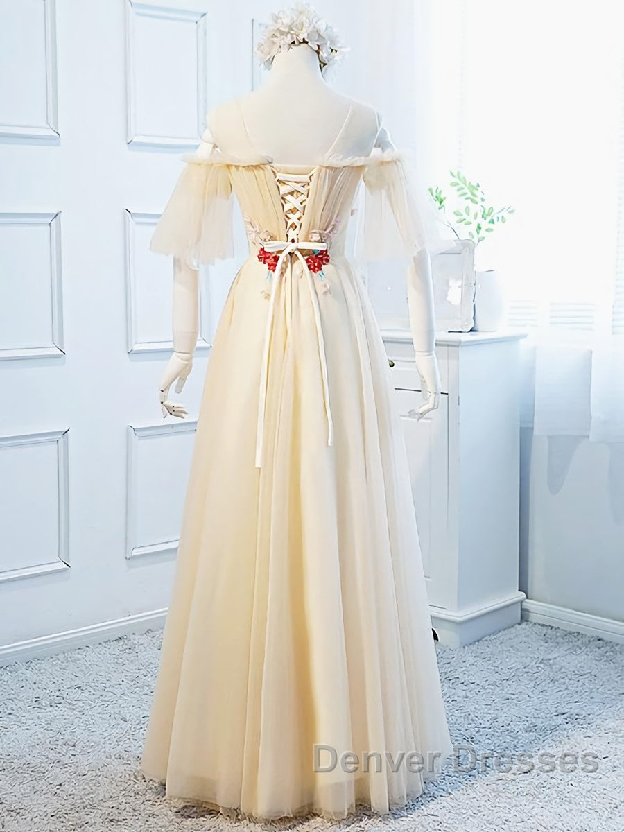 Round Neck Floral Champagne Long Prom Dress with Corset Back, Champagne Long Formal Bridesmaid Dress Secondary image