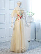 Round Neck Floral Champagne Long Prom Dress with Corset Back, Champagne Long Formal Bridesmaid Dress