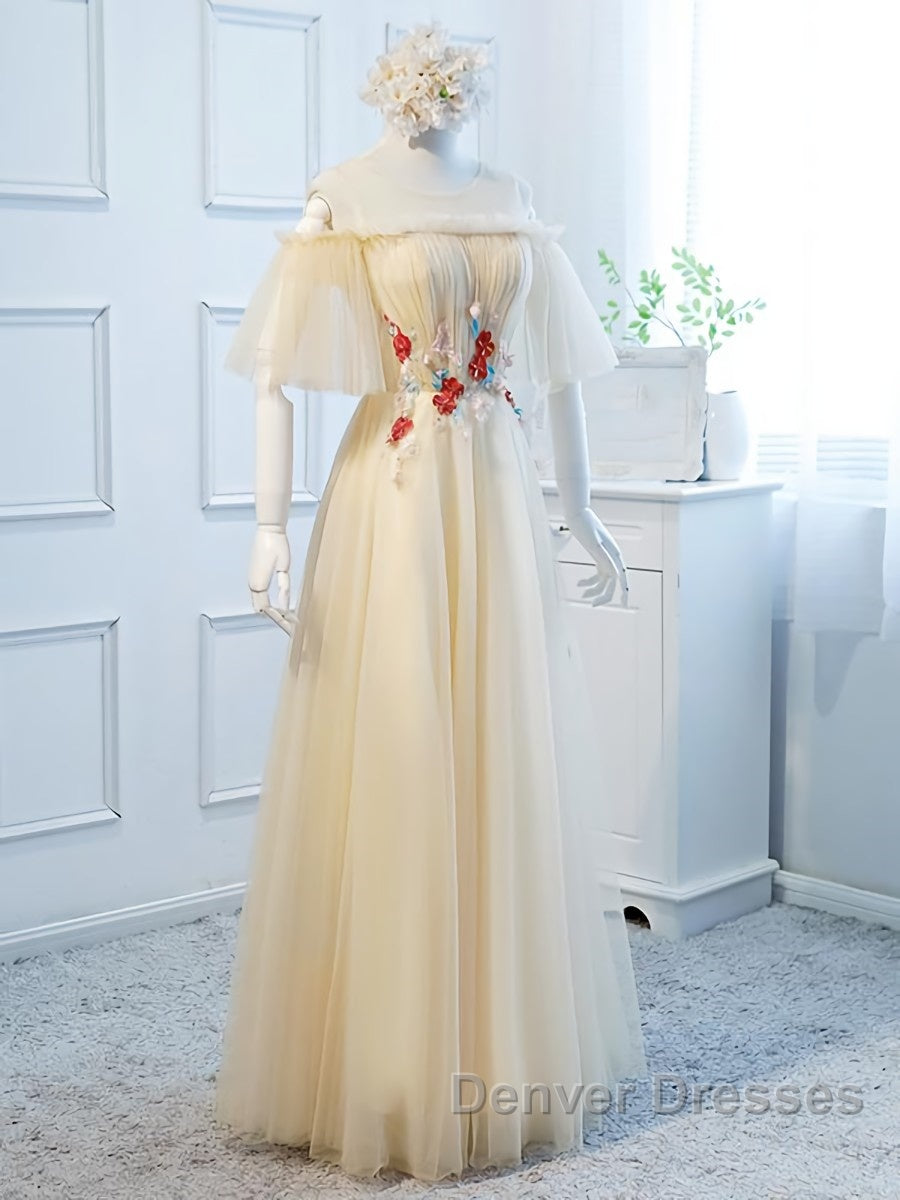 Round Neck Floral Champagne Long Prom Dress with Corset Back, Champagne Long Formal Bridesmaid Dress