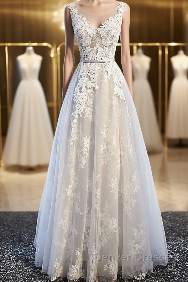 Round Neck Gray Lace Prom Dress with Corset Back, Gray Lace Formal Evening Bridesmaid Dress