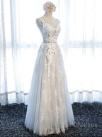 Round Neck Gray Lace Prom Dress with Corset Back, Gray Lace Formal Evening Bridesmaid Dress