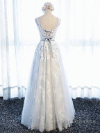 Round Neck Gray Lace Prom Dress with Corset Back, Gray Lace Formal Evening Bridesmaid Dress