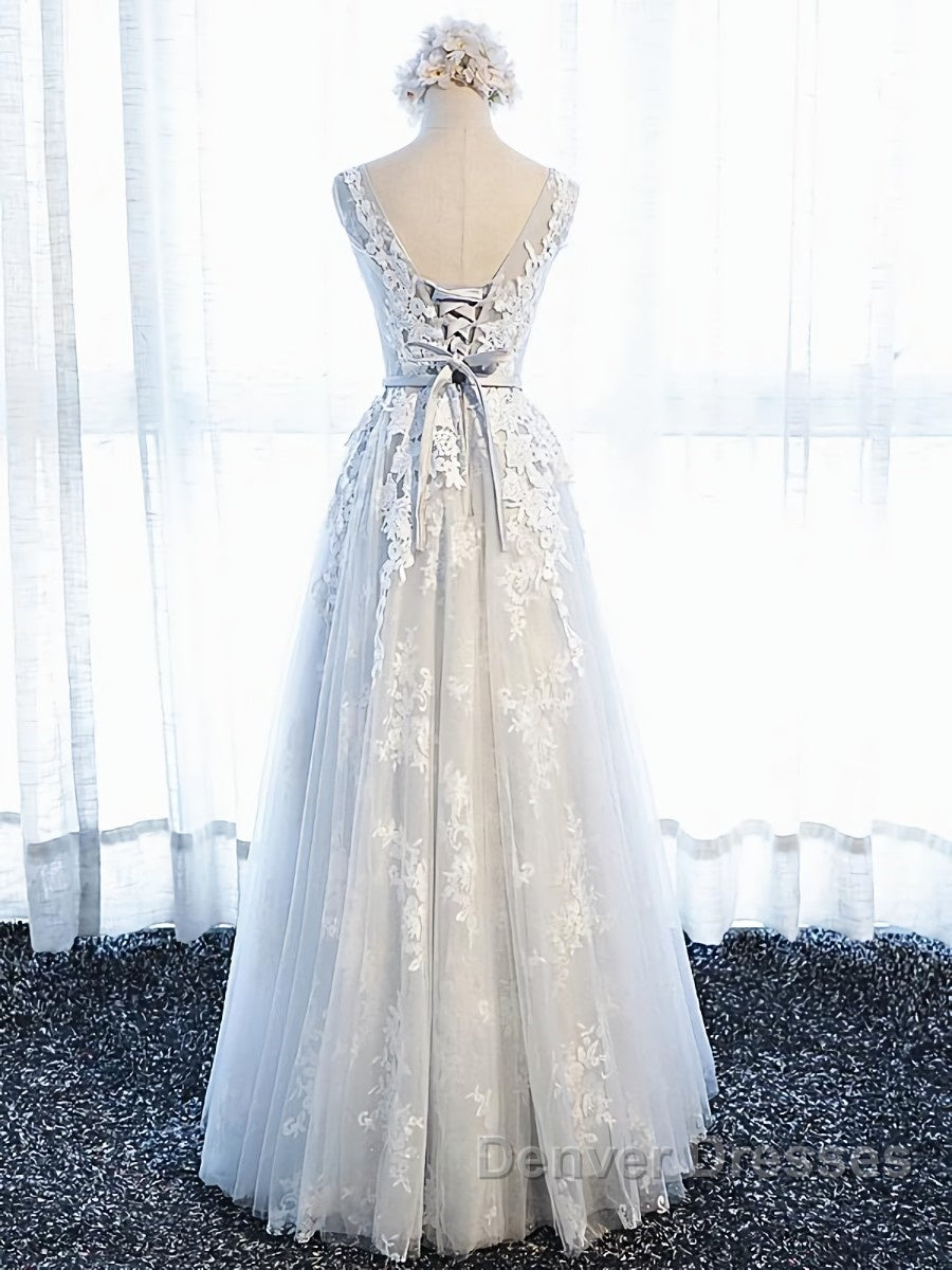 Round Neck Gray Lace Prom Dress with Corset Back, Gray Lace Formal Evening Bridesmaid Dress