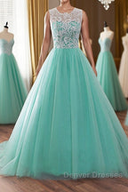 Round Neck Green Lace Tulle Long Prom Dress, Green Lace Formal Dress, Green Evening Dress