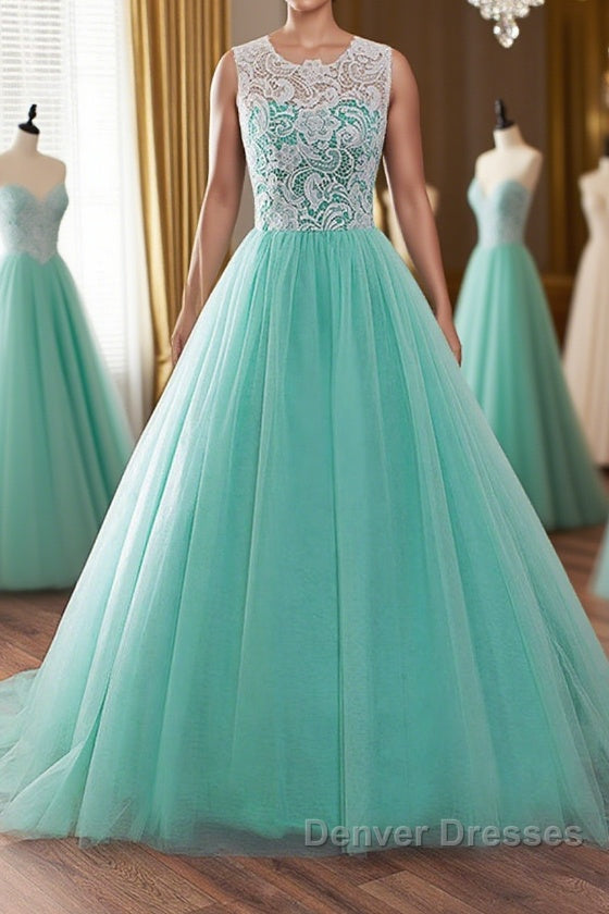 Round Neck Green Lace Tulle Long Prom Dress, Green Lace Formal Dress, Green Evening Dress
