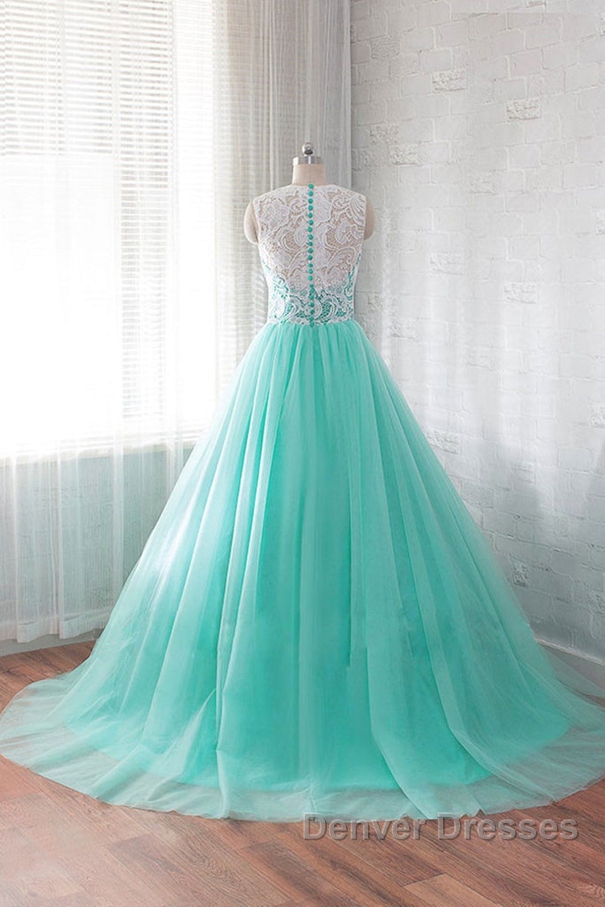 Round Neck Green Lace Tulle Long Prom Dress, Green Lace Formal Dress, Green Evening Dress Secondary image