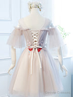 Round Neck Half Sleeves Short Pink Prom Dresses, Half Sleeves Short Pink Graduation Bridesmaid Dresses