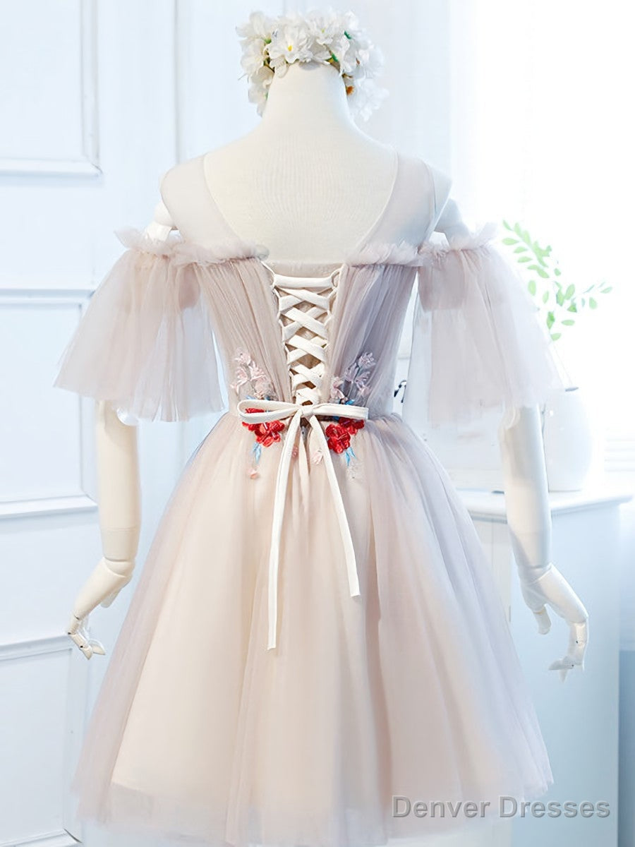 Round Neck Half Sleeves Short Pink Prom Dresses, Half Sleeves Short Pink Graduation Bridesmaid Dresses