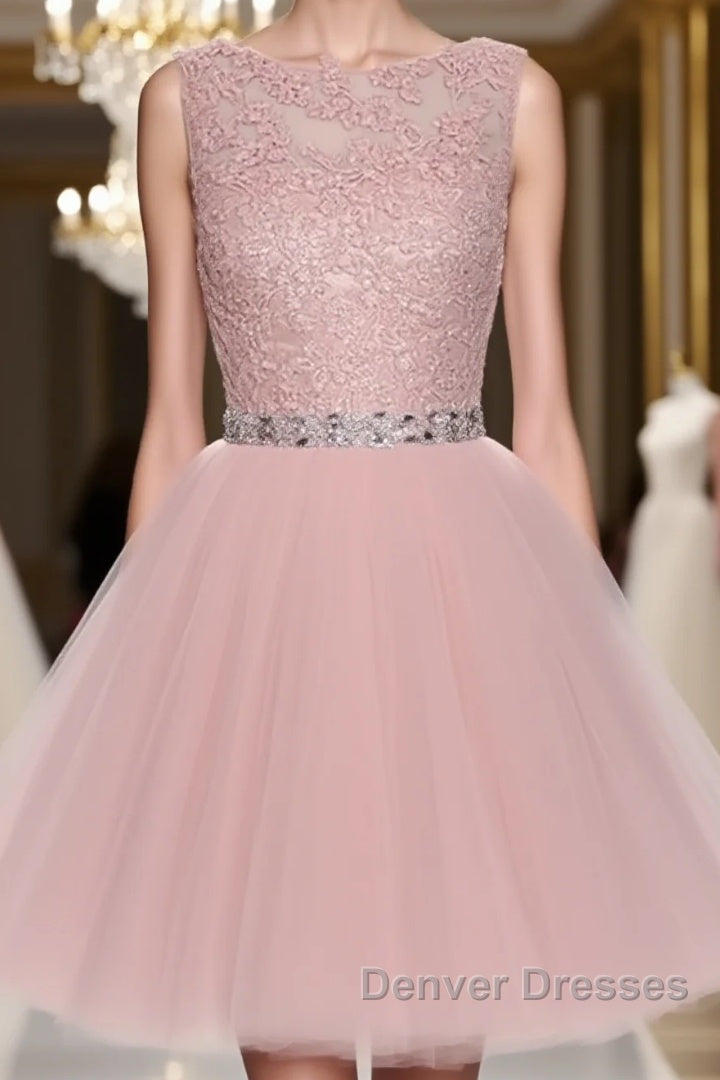 Round Neck Lace Short Pink Prom Dress, Pink Homecoming Dress, Short Pink Formal Dress Main image
