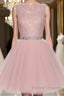 Round Neck Lace Short Pink Prom Dress, Pink Homecoming Dress, Short Pink Formal Dress