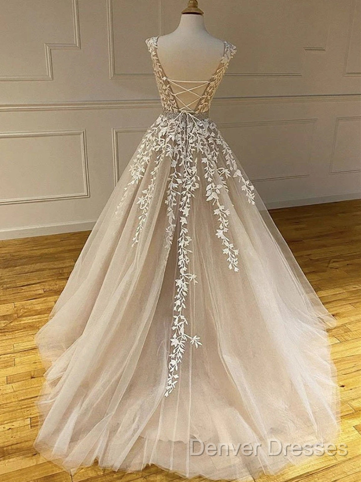 Round Neck Long Champagne Lace Wedding Dress, Champagne Lace Formal Prom Evening Dress