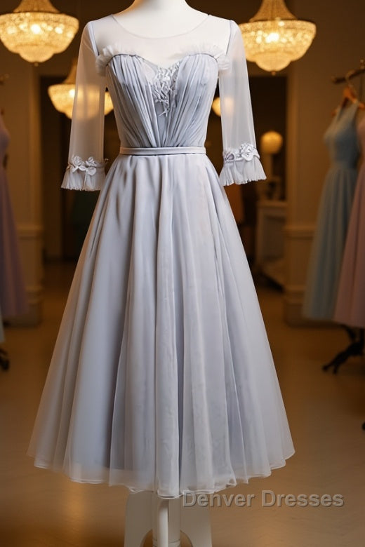 Round Neck Long Sleeves Blue Prom Dress, Long Sleeves Blue Formal Bridesmaid Evening Dress Main image