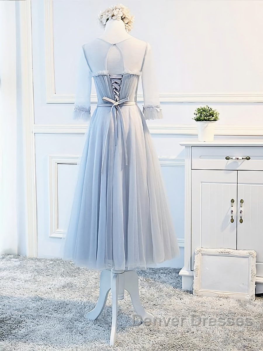 Round Neck Long Sleeves Blue Prom Dress, Long Sleeves Blue Formal Bridesmaid Evening Dress