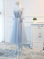 Round Neck Long Sleeves Blue Prom Dress, Long Sleeves Blue Formal Bridesmaid Evening Dress