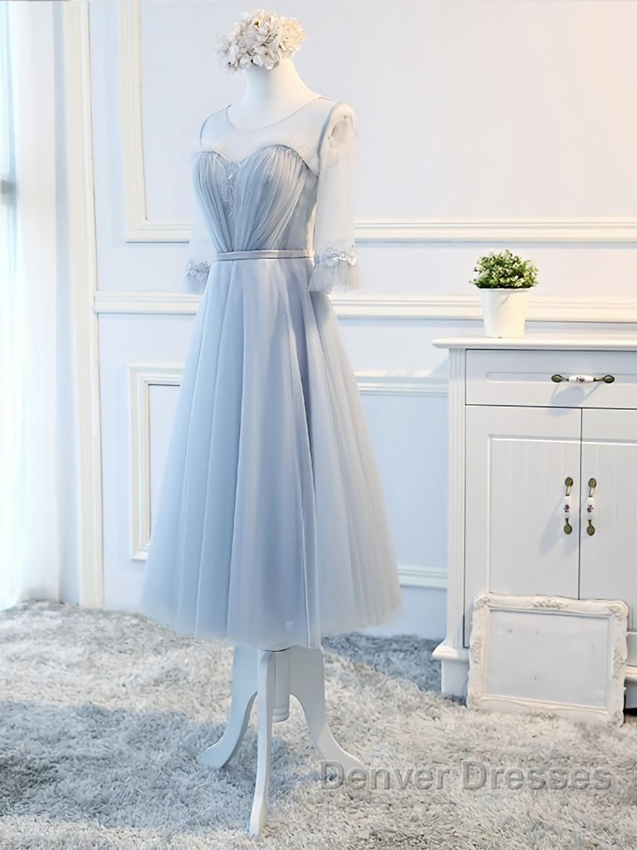 Round Neck Long Sleeves Blue Prom Dress, Long Sleeves Blue Formal Bridesmaid Evening Dress
