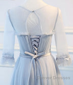 Round Neck Long Sleeves Blue Prom Dress, Long Sleeves Blue Formal Bridesmaid Evening Dress