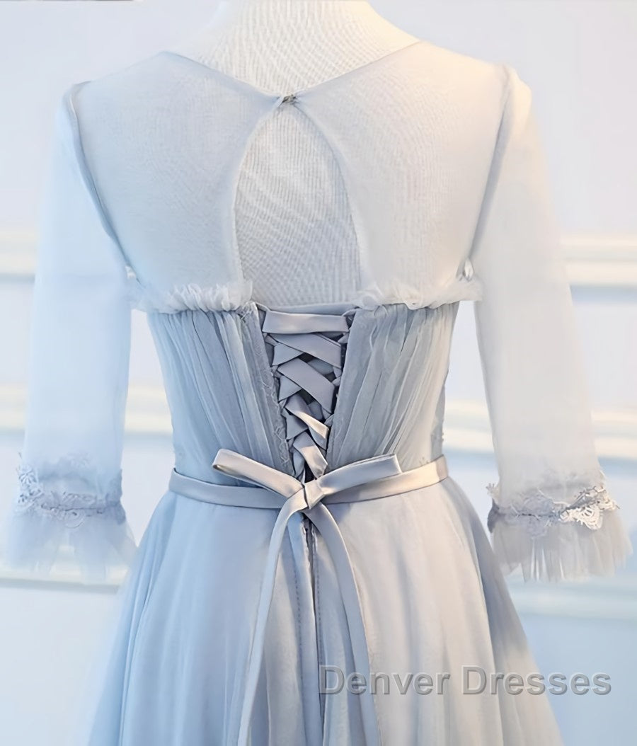 Round Neck Long Sleeves Blue Prom Dress, Long Sleeves Blue Formal Bridesmaid Evening Dress