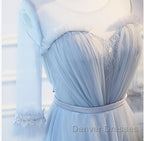 Round Neck Long Sleeves Blue Prom Dress, Long Sleeves Blue Formal Bridesmaid Evening Dress