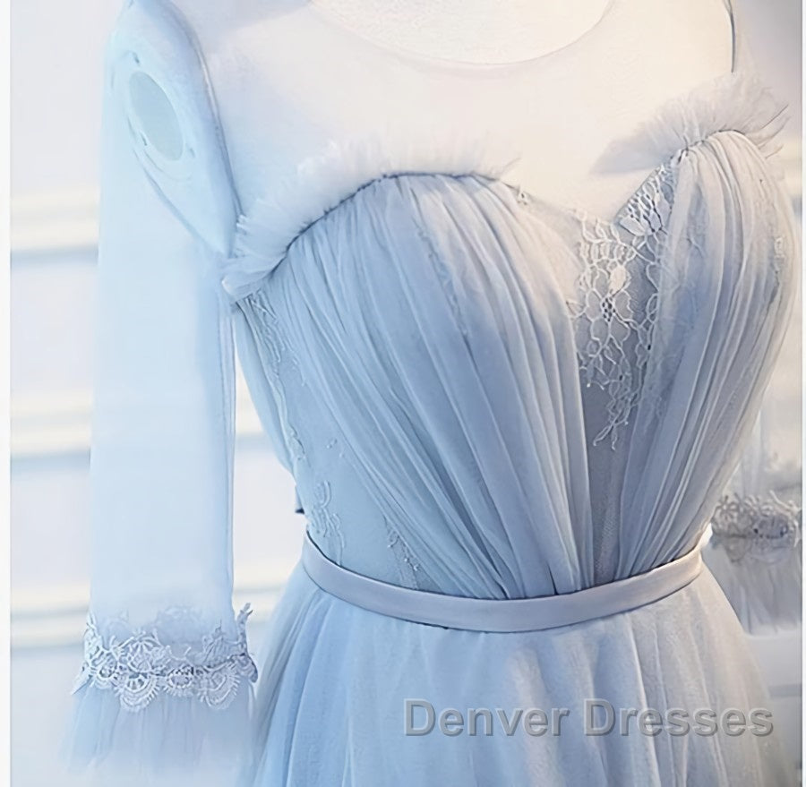 Round Neck Long Sleeves Blue Prom Dress, Long Sleeves Blue Formal Bridesmaid Evening Dress