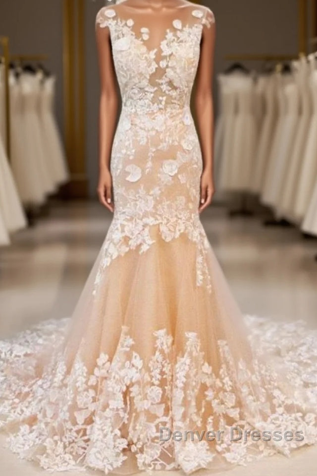 Round Neck Mermaid Champagne Lace Long Prom Dress, Mermaid Champagne Formal Dress, Champagne Lace Evening Dress Main image