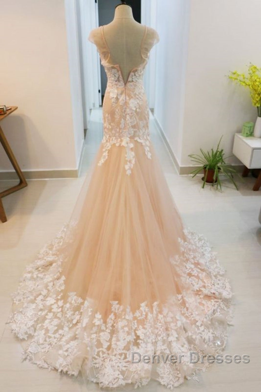 Round Neck Mermaid Champagne Lace Long Prom Dress, Mermaid Champagne Formal Dress, Champagne Lace Evening Dress Secondary image