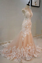 Round Neck Mermaid Champagne Lace Long Prom Dress, Mermaid Champagne Formal Dress, Champagne Lace Evening Dress