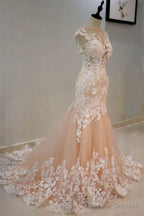 Round Neck Mermaid Champagne Lace Long Prom Dresses,Sexy Formal Dress,Graduation Dresses