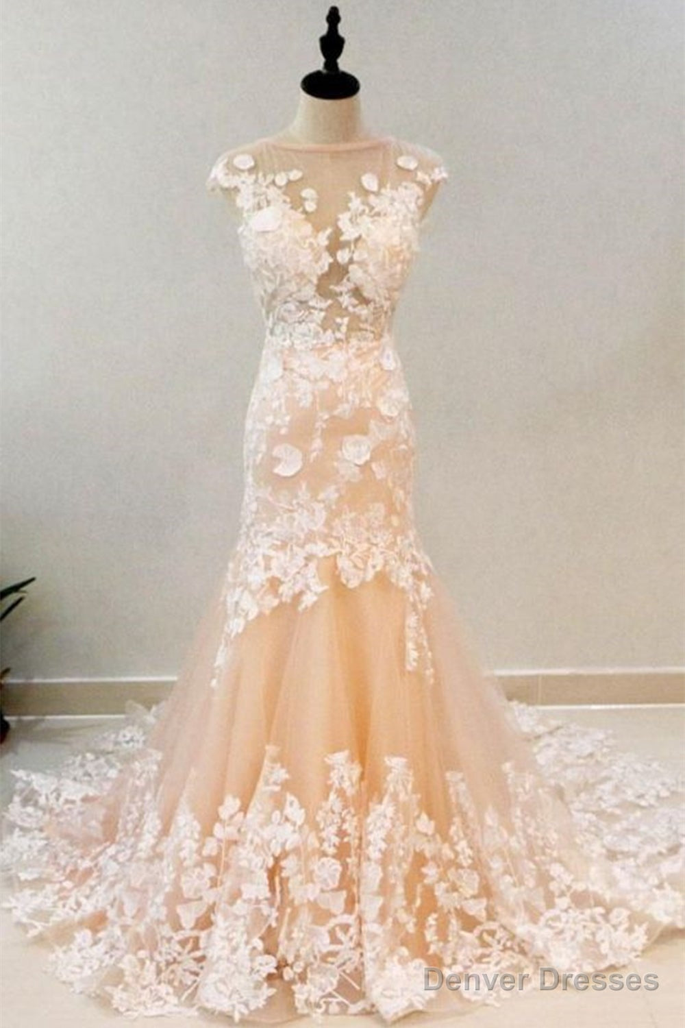 Round Neck Mermaid Champagne Lace Long Prom Dresses,Sexy Formal Dress,Graduation Dresses