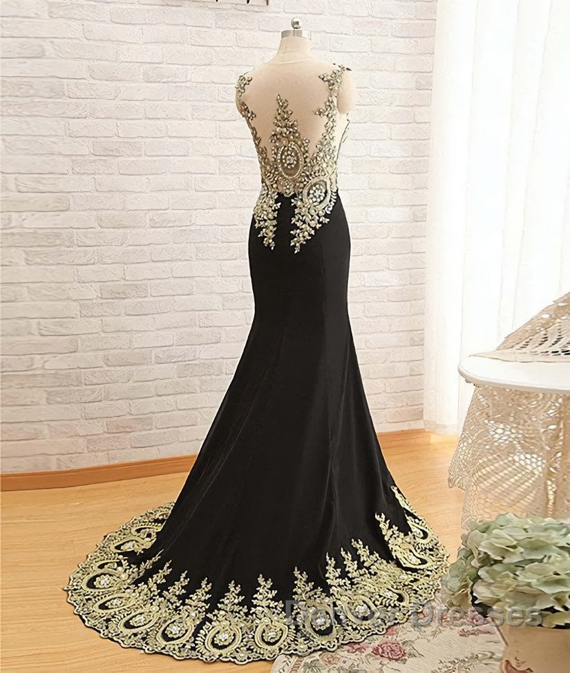 Round Neck Mermaid Lace Applique Black Prom Dress, Lace Black Formal Dress Secondary image