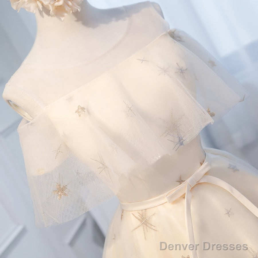 Round Neck Off the Shoulder Short Champagne Prom Dresses, Short Champagne Graduation Dress