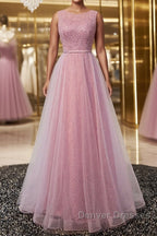Round Neck Pink Beaded Long Prom Dress, Pink Long Formal Evening Dress