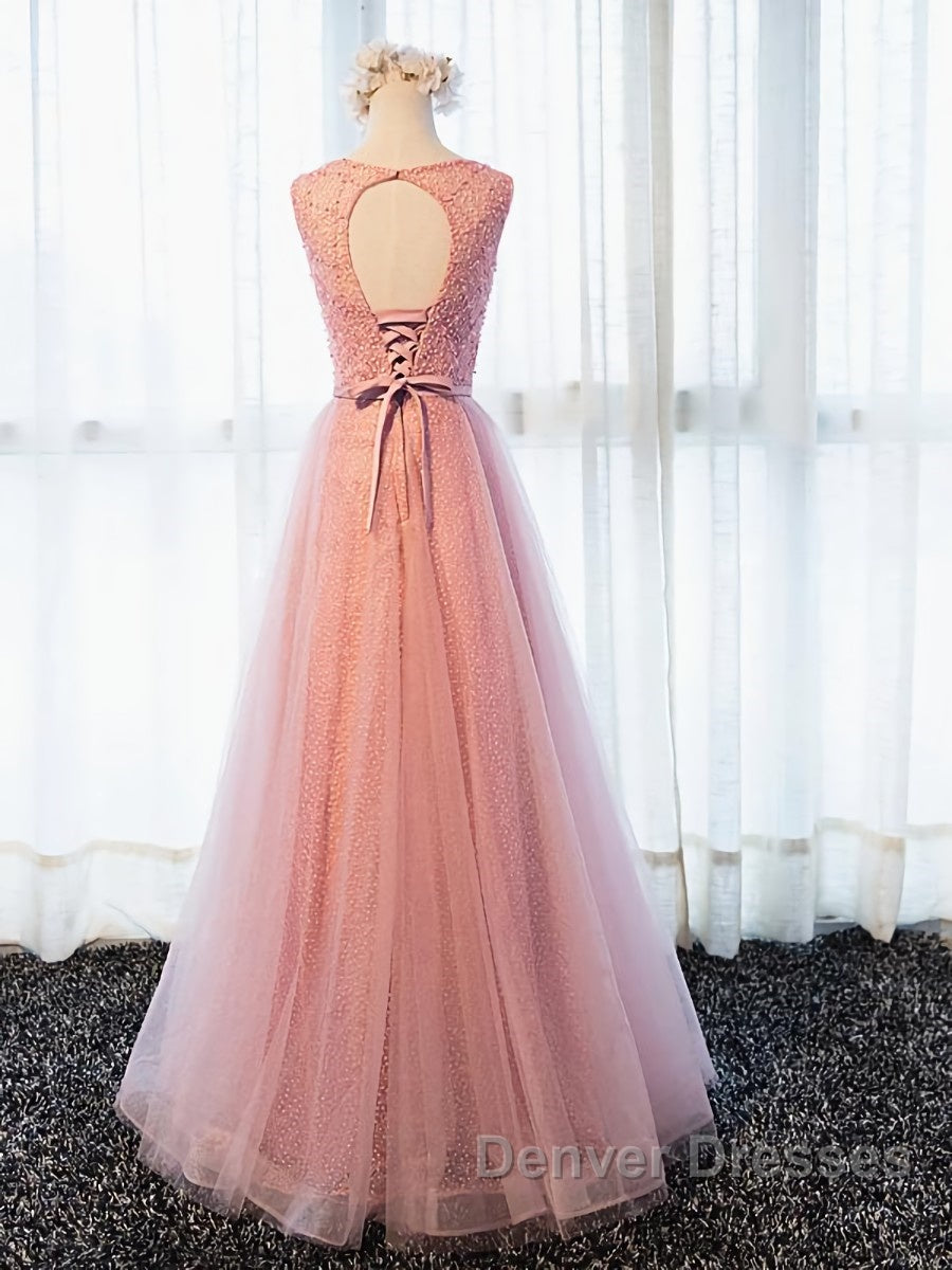 Round Neck Pink Beaded Long Prom Dress, Pink Long Formal Evening Dress