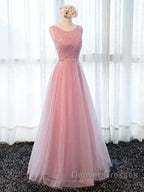 Round Neck Pink Beaded Long Prom Dress, Pink Long Formal Evening Dress