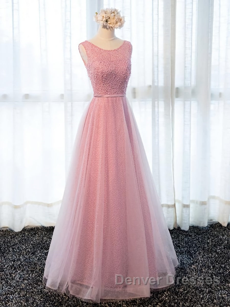 Round Neck Pink Beaded Long Prom Dress, Pink Long Formal Evening Dress
