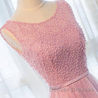 Round Neck Pink Beaded Long Prom Dress, Pink Long Formal Evening Dress