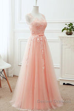 Round Neck Pink Lace Long Prom Dress, Pink Lace Bridesmaid Dress