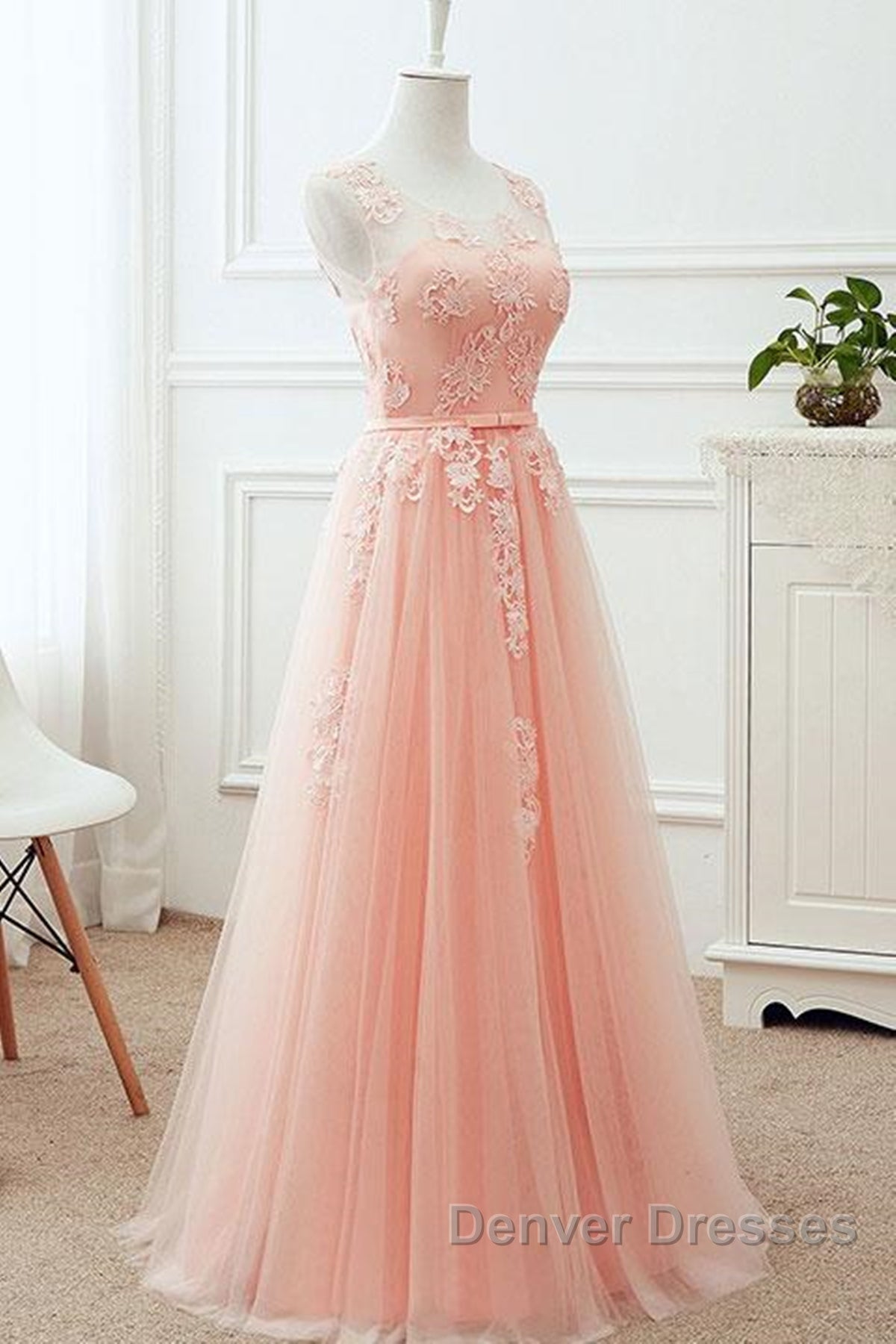 Round Neck Pink Lace Long Prom Dress, Pink Lace Bridesmaid Dress